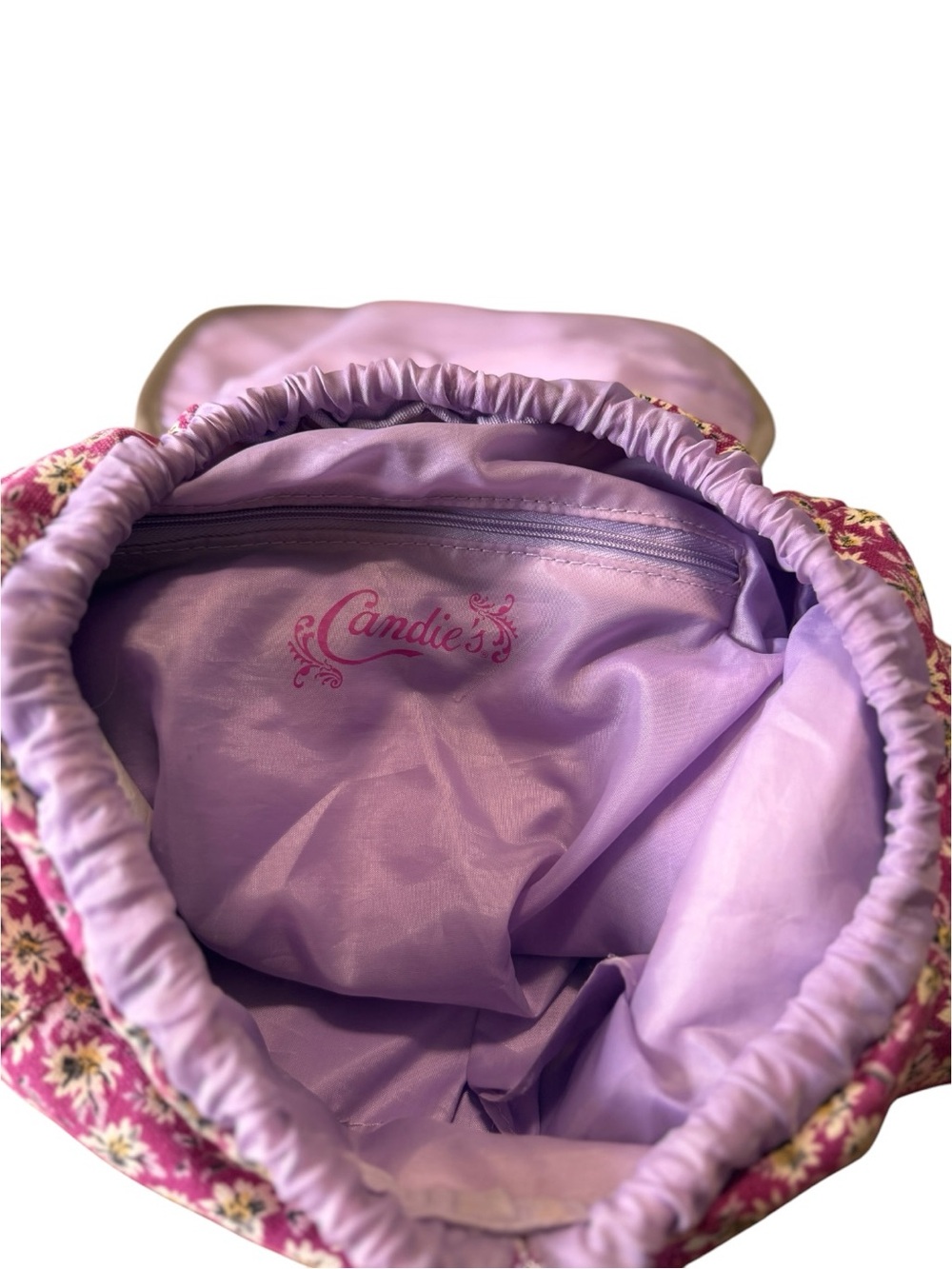 Candies Floral Backpack Cinch Snap Closure Bag Purple Vintage Retro pockets - Picture 5 of 8